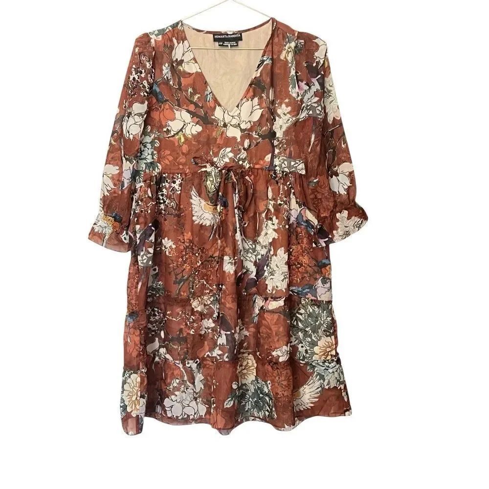 Revolve Hemant Nandita Zeri Peasant Dress Floral V-neck sz OOP